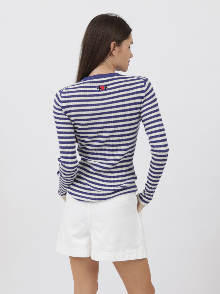 Striped and ribbed Silk/Cashmere crewneck light weight sweater #BLUE