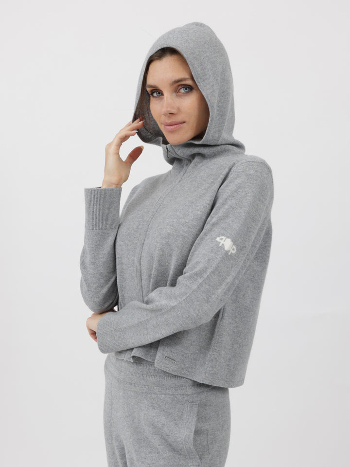 Cashmere Hooded Zip-Up Cardigan #SOFT GREY
