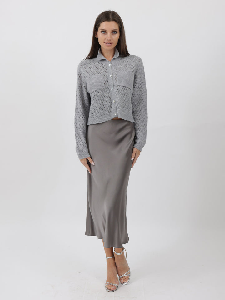 Open Weave Button Down Cashmere Cardigan #SOFT GREY