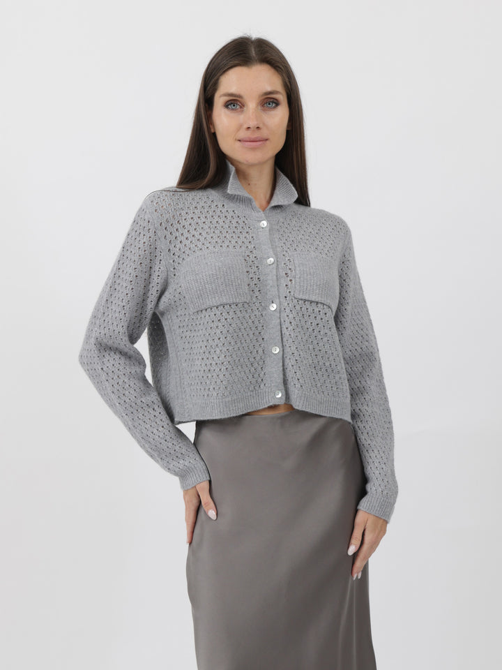 Open Weave Button Down Cashmere Cardigan #SOFT GREY