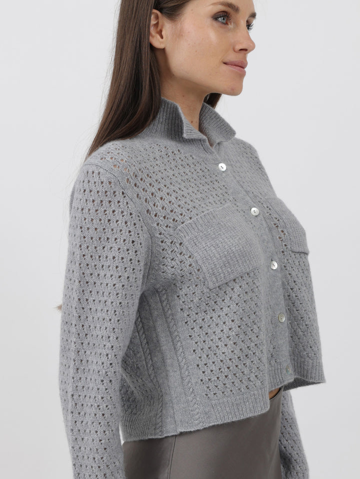 Open Weave Button Down Cashmere Cardigan #SOFT GREY