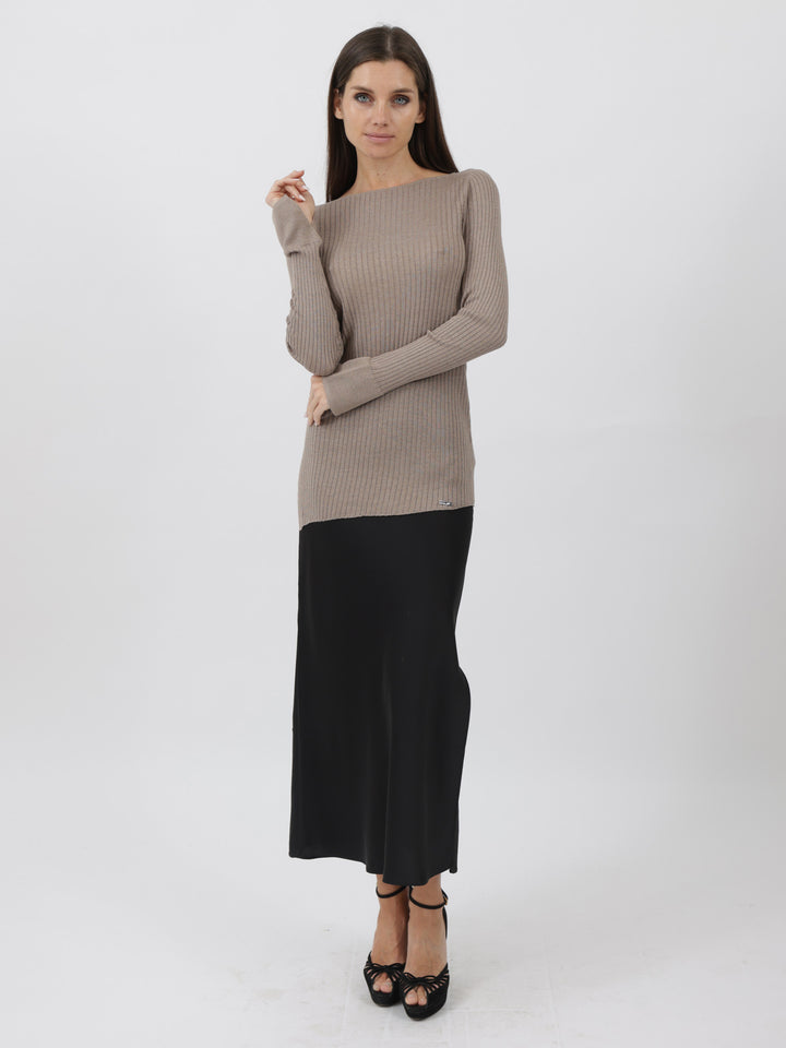 Ribbed Silk/Cashmere Boatneck slim Sweater with Diagonal Bottom Hem #FAWN