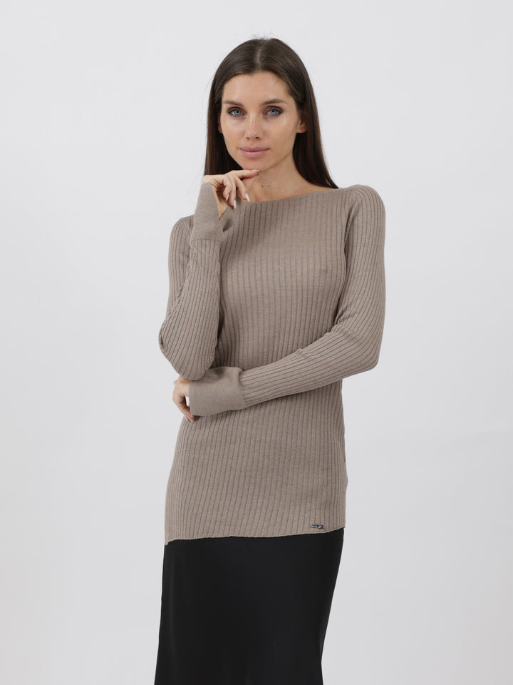 Ribbed Silk/Cashmere Boatneck slim Sweater with Diagonal Bottom Hem #FAWN