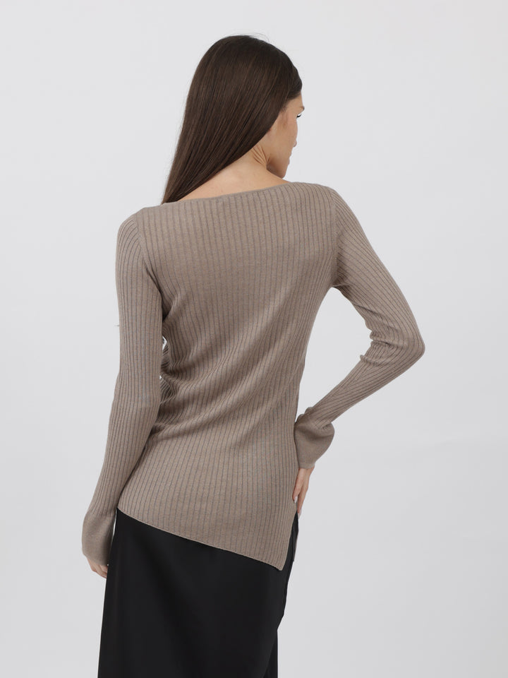 Ribbed Silk/Cashmere Boatneck slim Sweater with Diagonal Bottom Hem #FAWN 