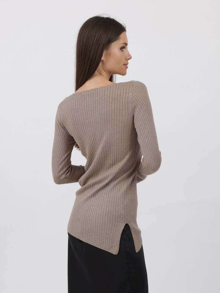 Ribbed Silk/Cashmere Boatneck slim Sweater with Diagonal Bottom Hem #FAWN