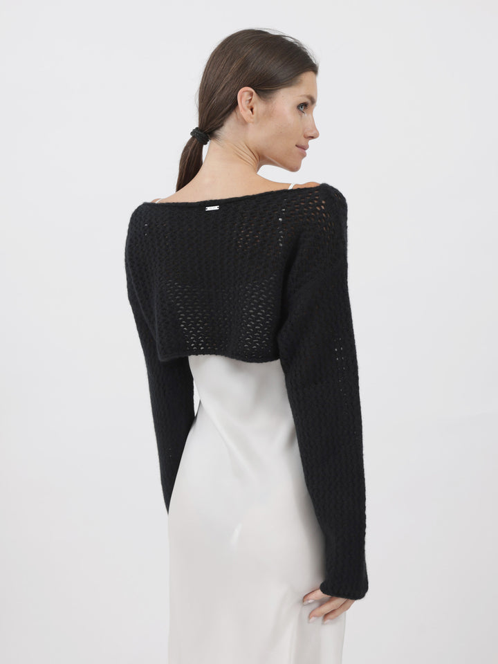 Cashmere Cropped Top with crochet stitching #BLACK