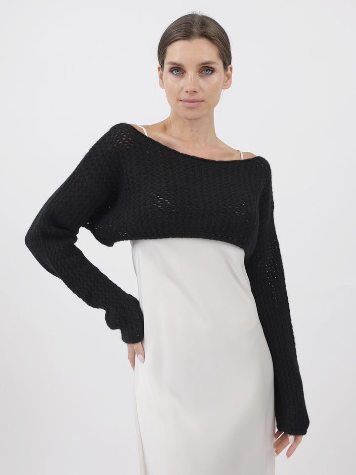 Cashmere Cropped Top with crochet stitching #BLACK