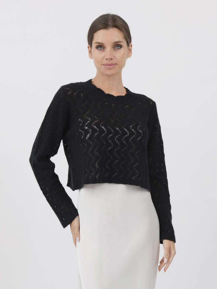 Cashmere Pullover crafted in Exquisite Open Weave Knitwork #BLACK