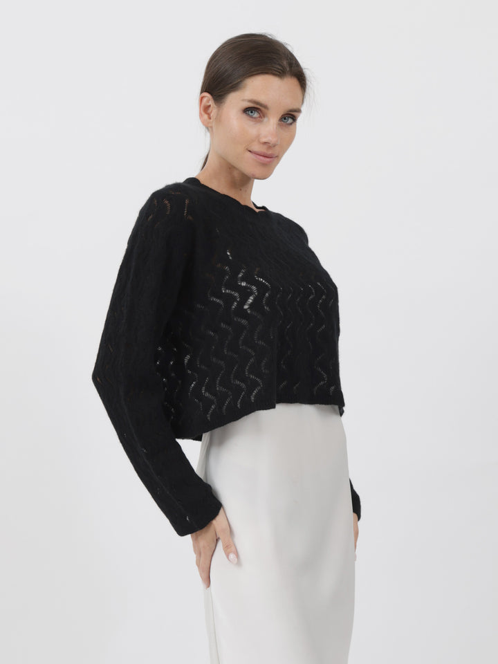 Cashmere Pullover crafted in Exquisite Open Weave Knitwork #BLACK