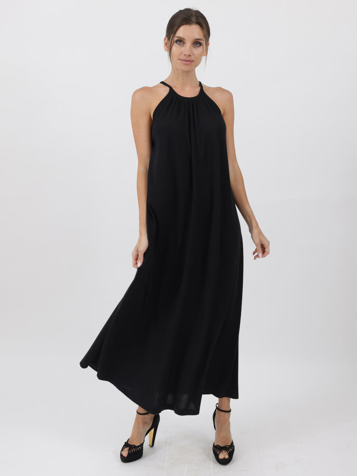 Silk/Cashmere Halter Mid-Calf Dress #BLACK