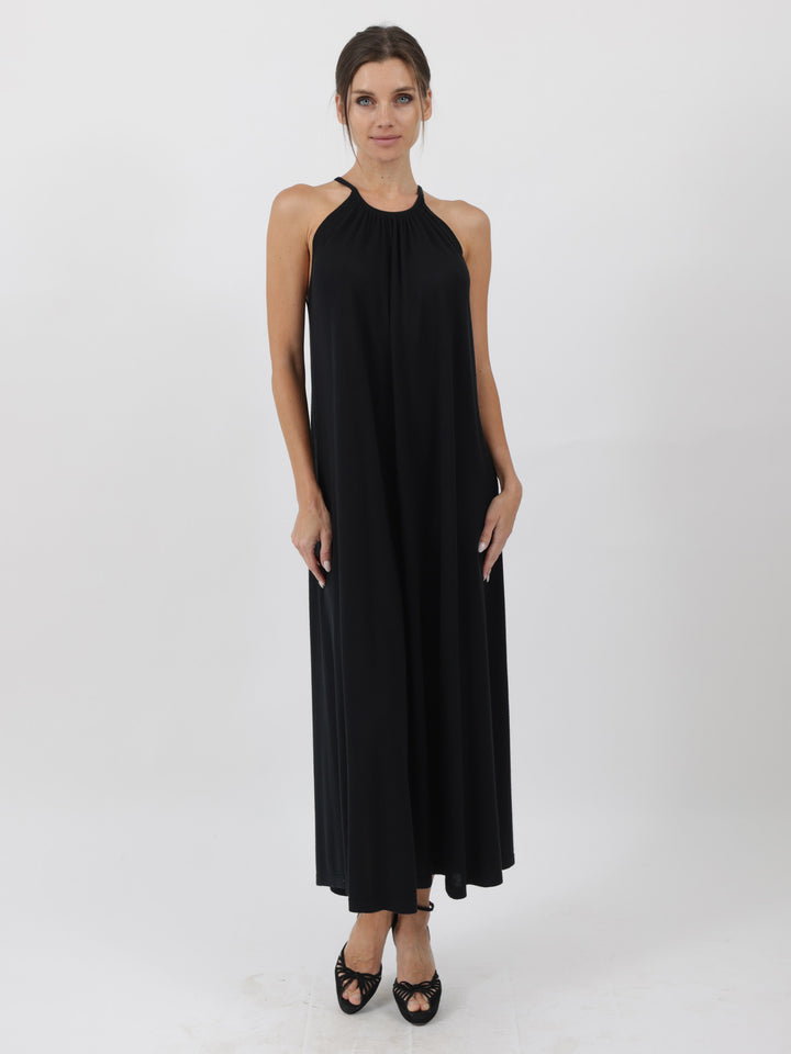 Silk/Cashmere Halter Mid-Calf Dress #BLACK