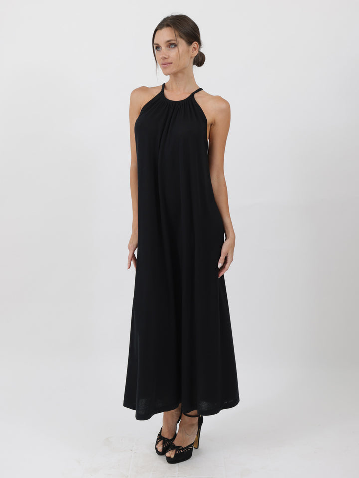Silk/Cashmere Halter Mid-Calf Dress #BLACK