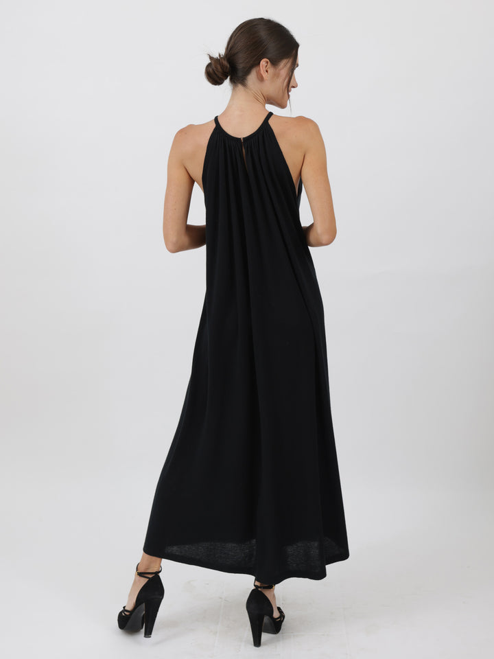 Silk/Cashmere Halter Mid-Calf Dress #BLACK