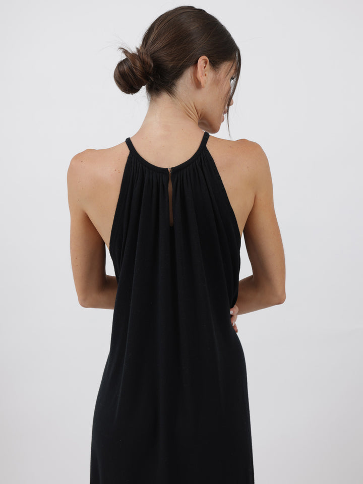 Silk/Cashmere Halter Mid-Calf Dress #BLACK