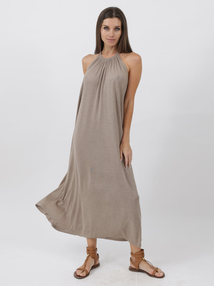 Silk/Cashmere Halter Mid-Calf Dress #FAWN