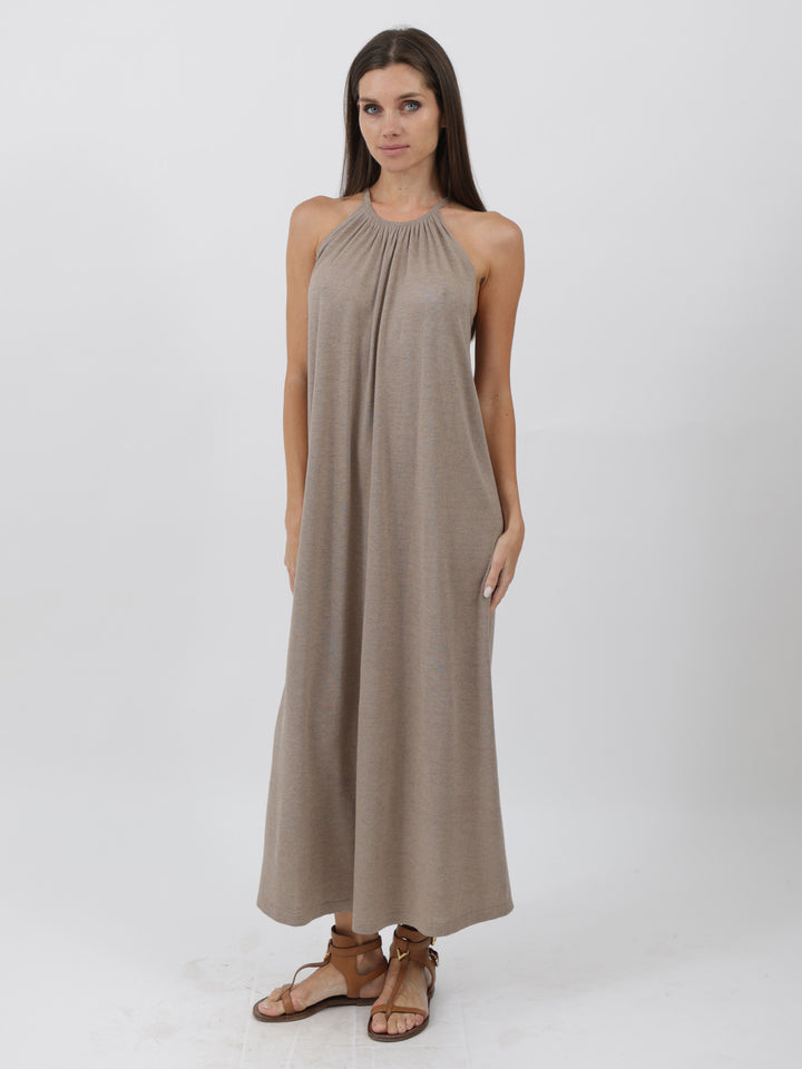 Silk/Cashmere Halter Mid-Calf Dress #FAWN