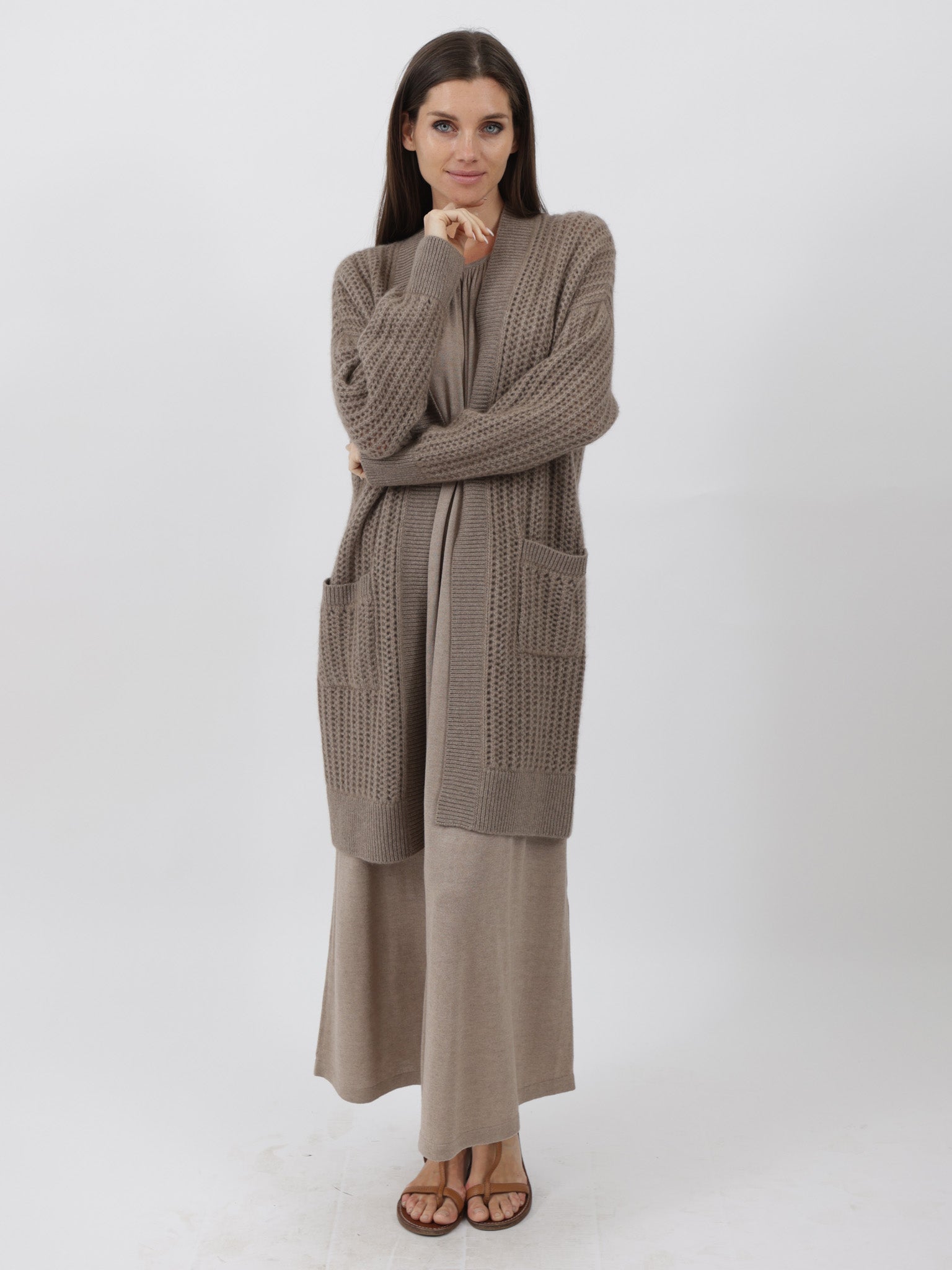 Cashmere Duster 3/4 length crochet stitching