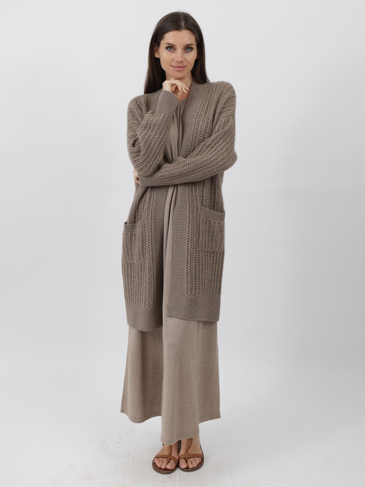 Cashmere Duster 3/4 length crochet stitching #FAWN