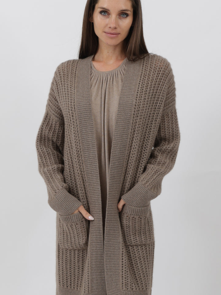 Cashmere Duster 3/4 length crochet stitching #FAWN