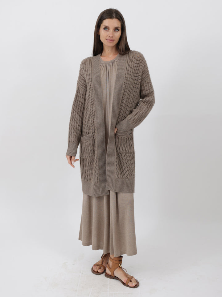 Cashmere Duster 3/4 length crochet stitching #FAWN