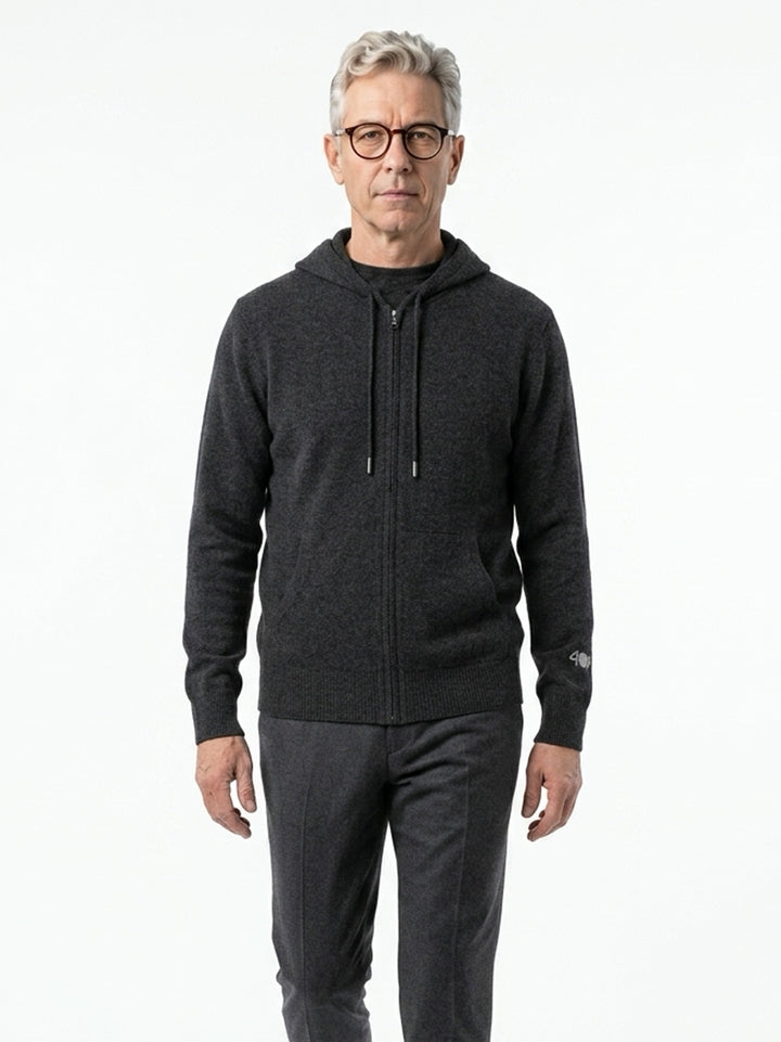Cashmere zip-up hoodie for men with drawstrings and a kangaroo pocket  #CHARCOAL