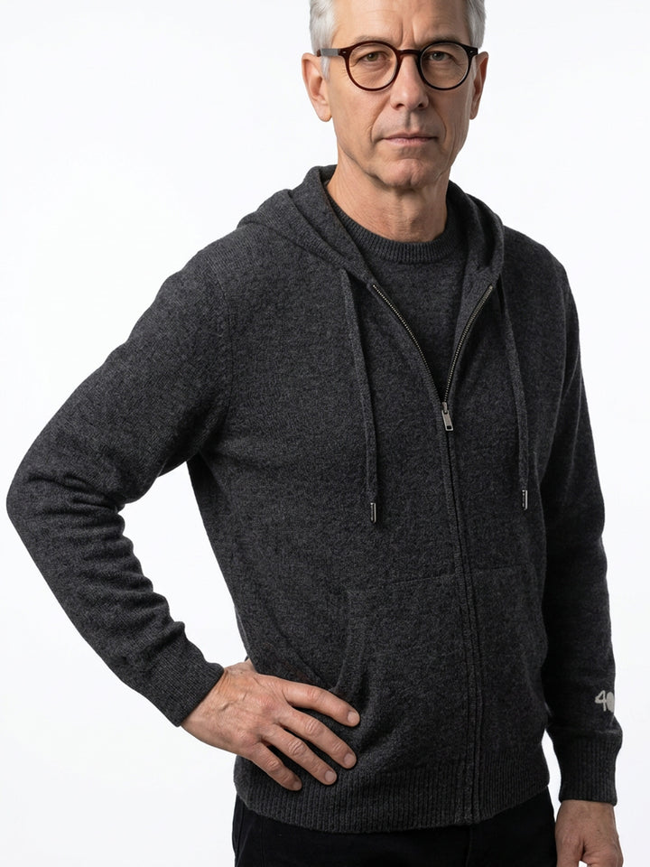 Cashmere zip-up hoodie for men with drawstrings and a kangaroo pocket  #CHARCOAL