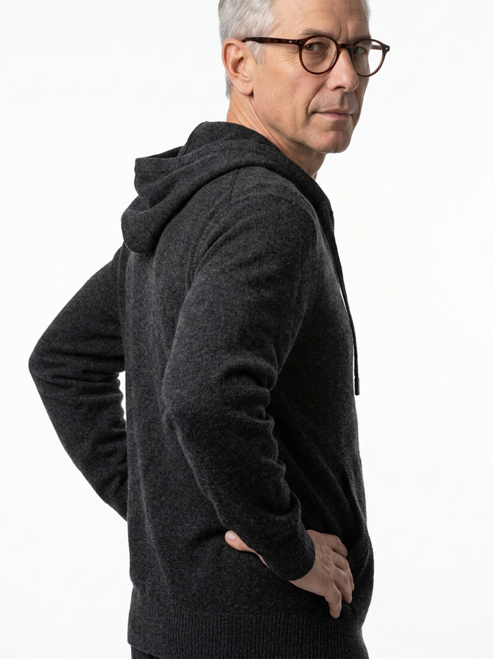 Cashmere zip-up hoodie for men with drawstrings and a kangaroo pocket  #CHARCOAL