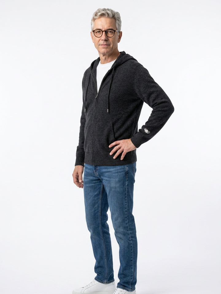 Cashmere zip-up hoodie for men with drawstrings and a kangaroo pocket  #CHARCOAL