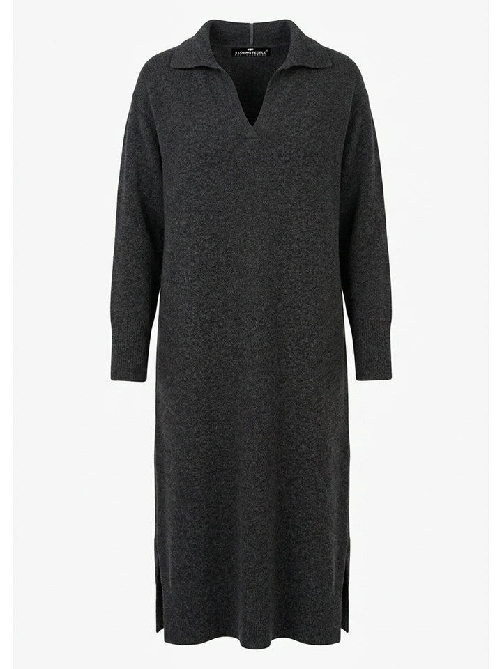 Charcoal gray long-sleeve cashmere knit polo dress #CHARCOAL