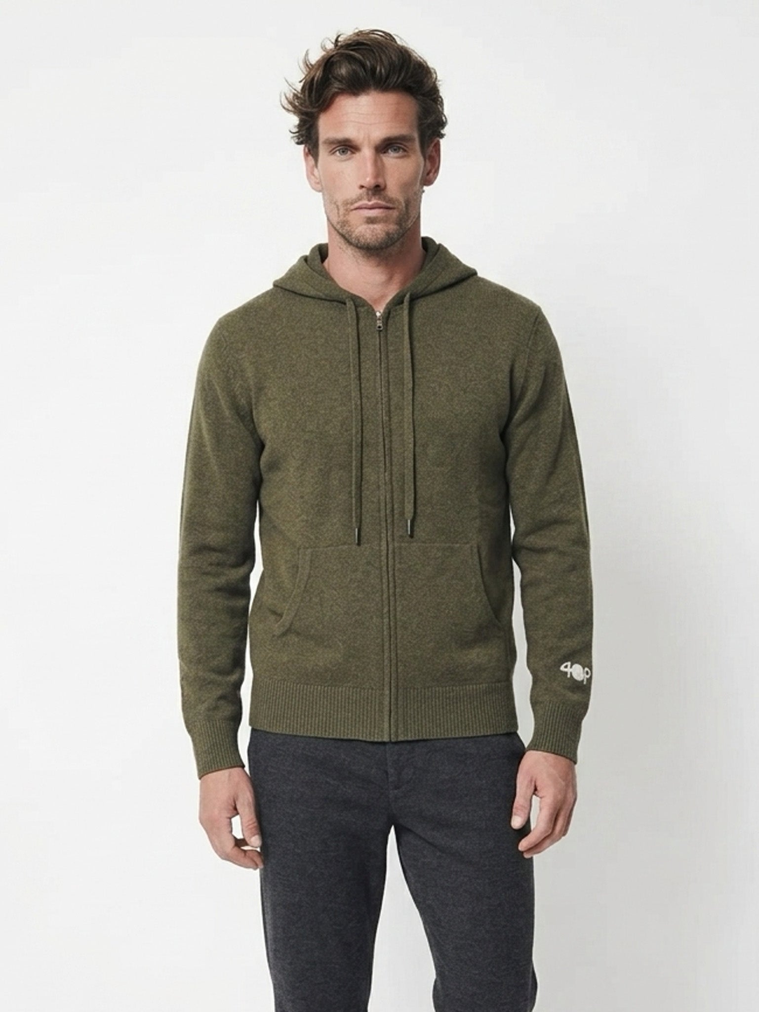 Cashmere zip-up hoodie for men with drawstrings and a kangaroo pocket #MOSS