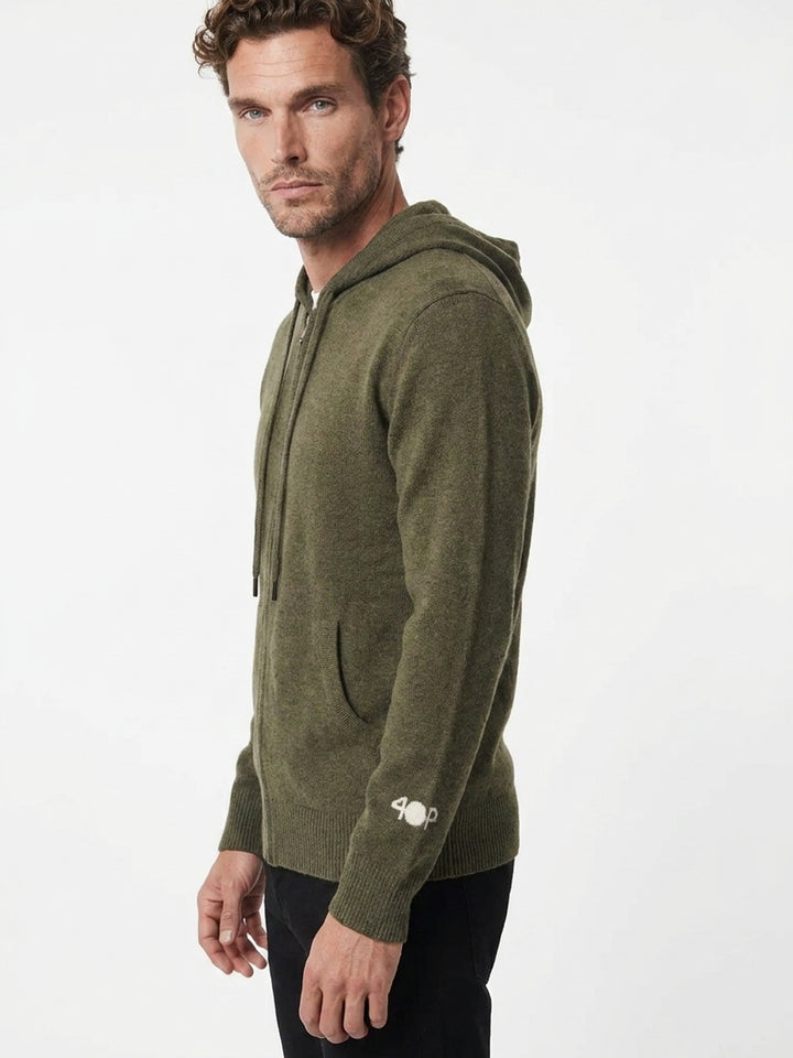 Cashmere zip-up hoodie for men with drawstrings and a kangaroo pocket #MOSS