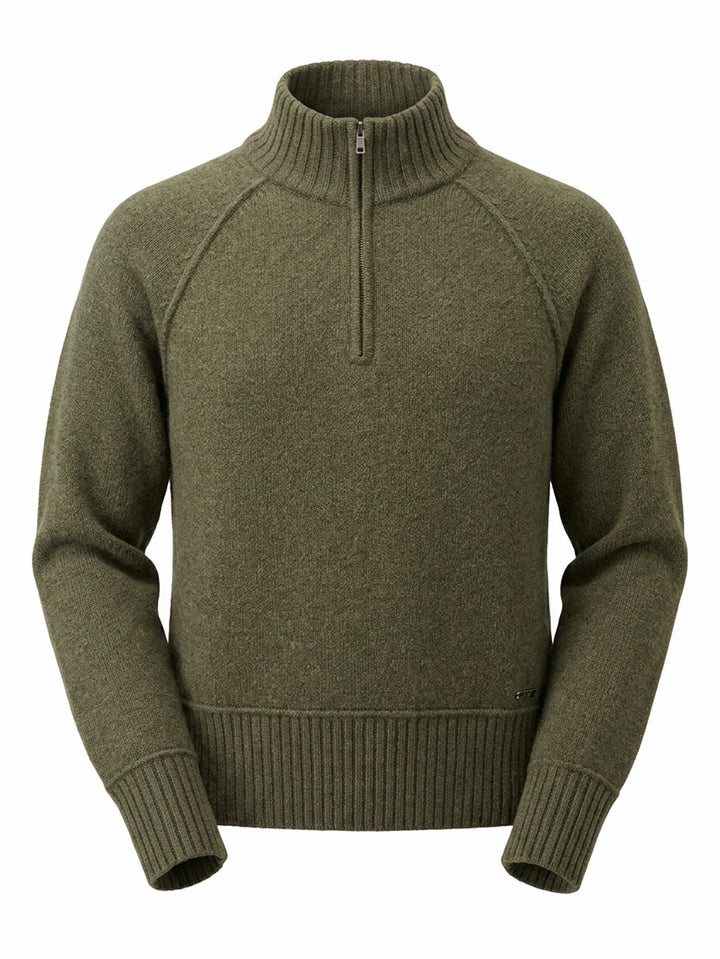 Cashmere cropped half-zip knit sweater with a ribbed mock neck, cuffs, and hem #MOSS