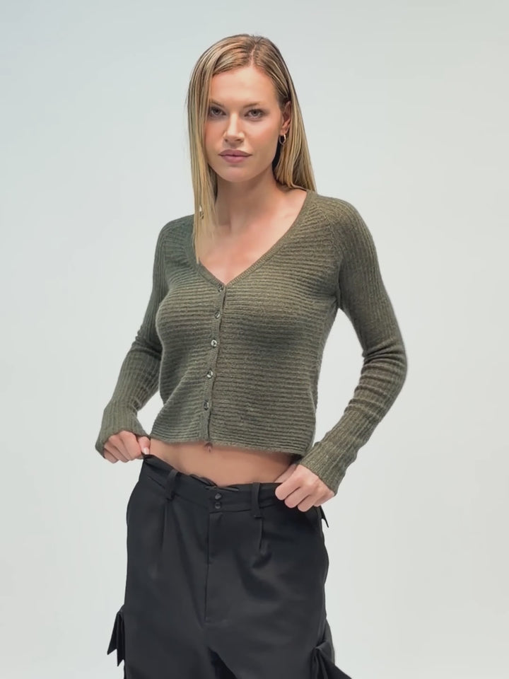 Cashmere ribbed knit cardigan with a V-neck and button front #MOSS