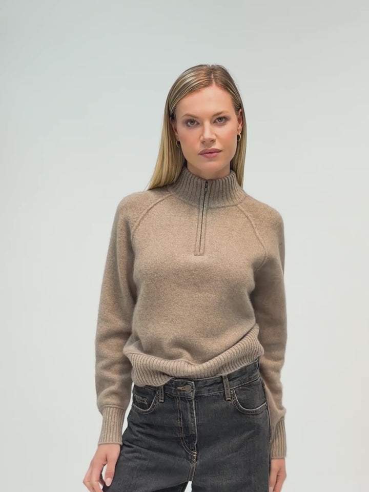 Cashmere cropped half-zip knit sweater with a ribbed mock neck, cuffs, and hem #OAT