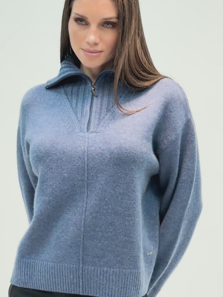 Cashmere ribbed knit half-zip sweater with a high collar #BLUE
