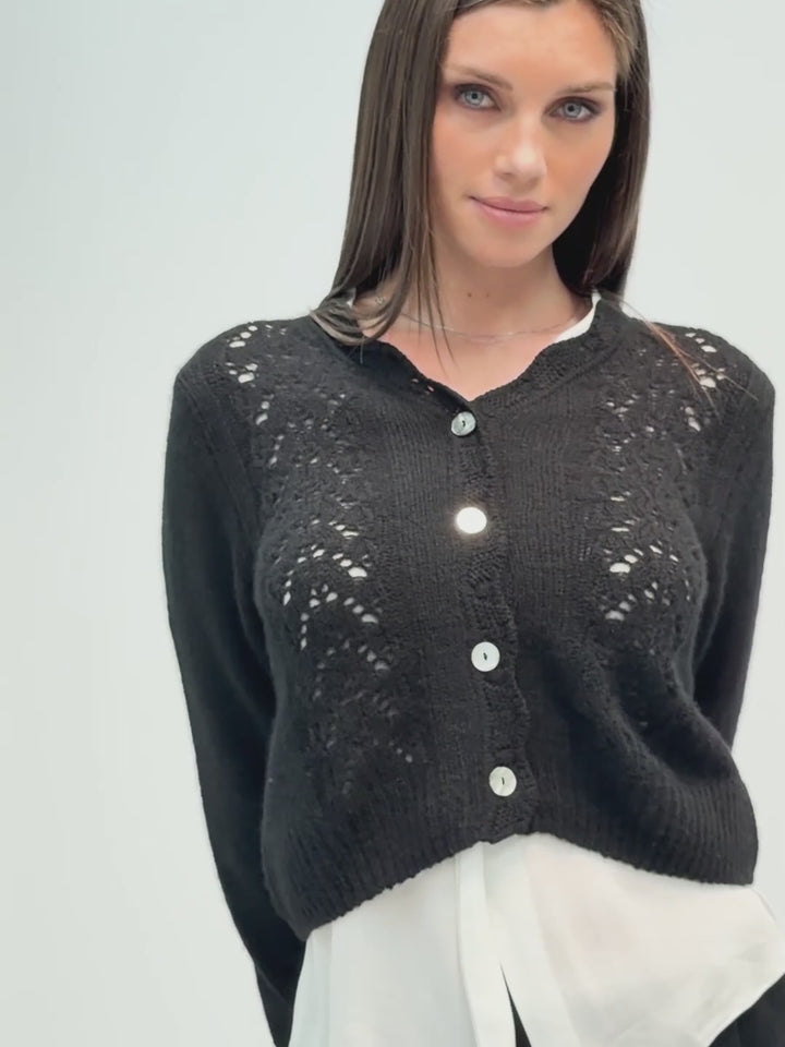 Cashmere long-sleeve knit cardigan with a button-up front and delicate lace-like knit patterns #BLACK
