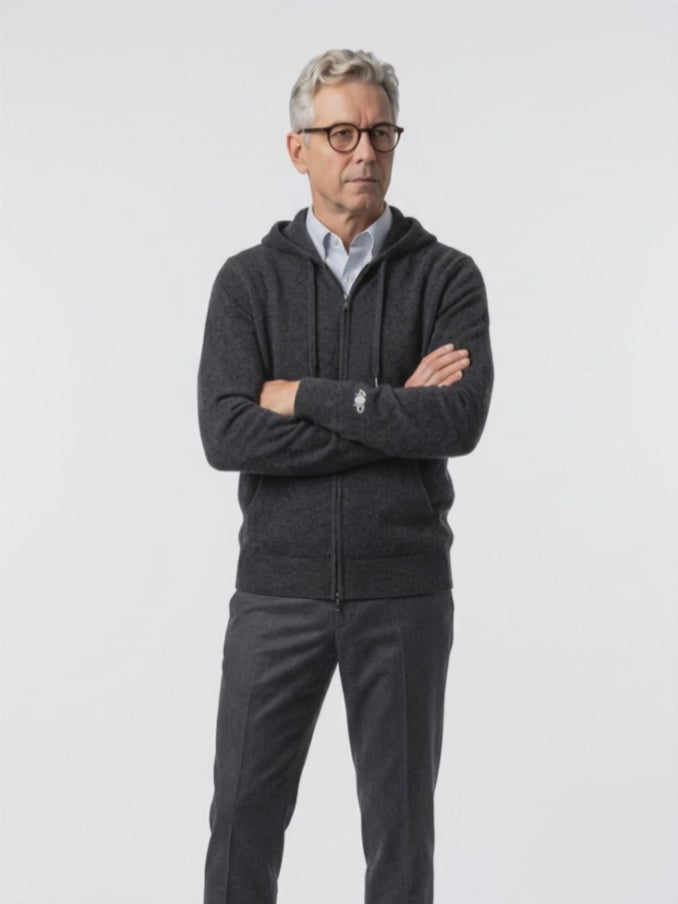 Cashmere zip-up hoodie for men with drawstrings and a kangaroo pocket  #CHARCOAL