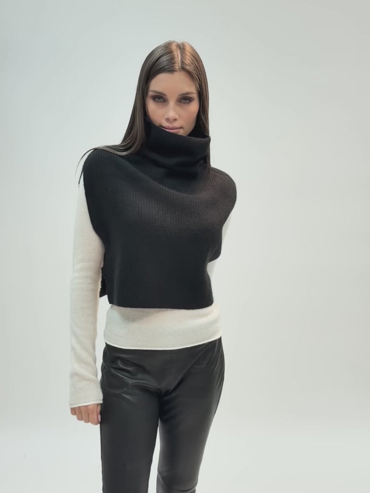Cashmere sleeveless ribbed knit turtleneck sweater vest #BLACK