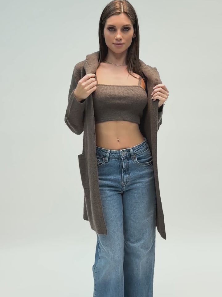 Cashmere rib knit dark brown hooded cardigan with large front patch pockets #SABLE