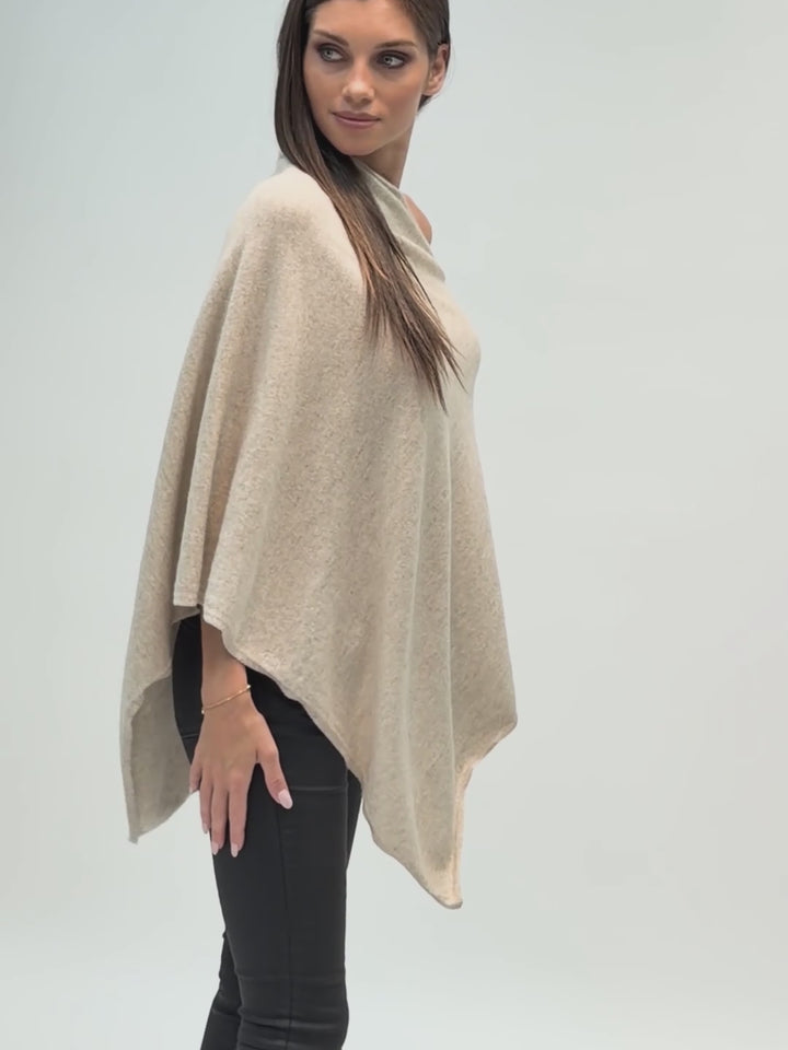 Cashmere knit poncho with  decorative pearl buttons along one edge #LATTE