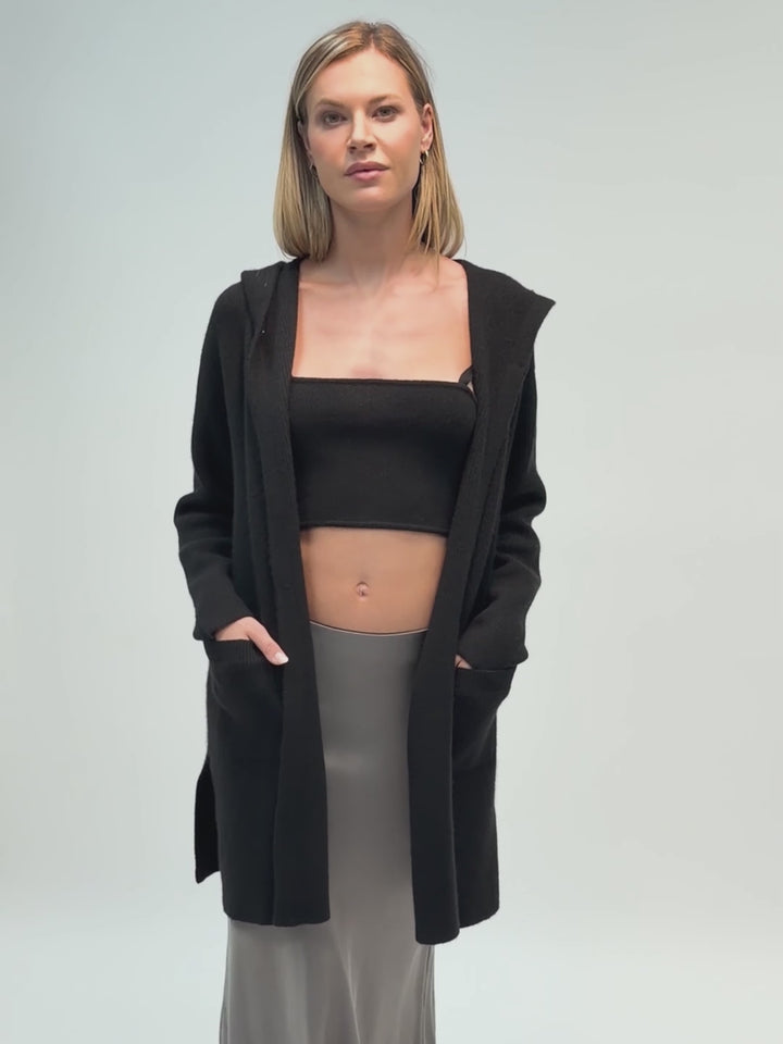 Cashmere rib knit hooded cardigan with large front patch pockets #BLACK