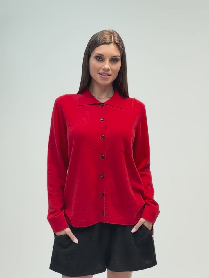 Cashmere button-up shirt with patch pocket and collar #RED