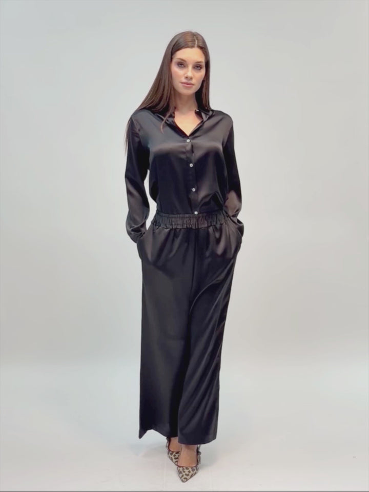 Wide legs Silk Charmeuse pants #BLACK