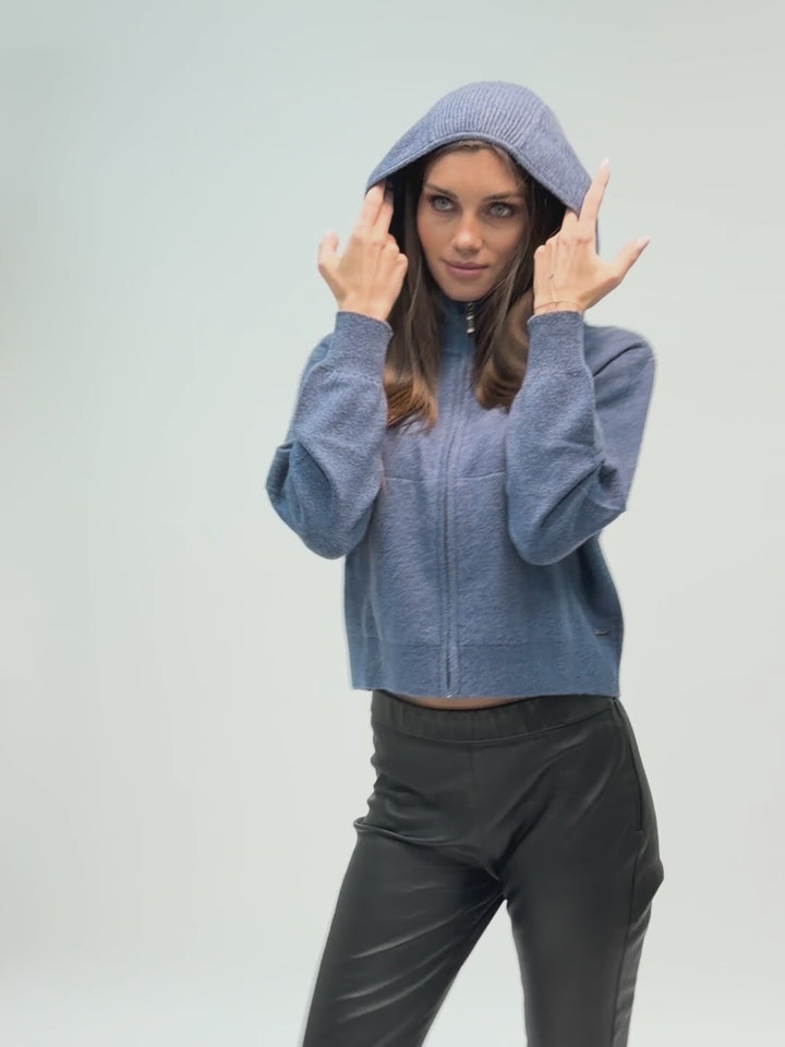 Cashmere cropped zip-up hoodie with pockets and a hood #BLUE
