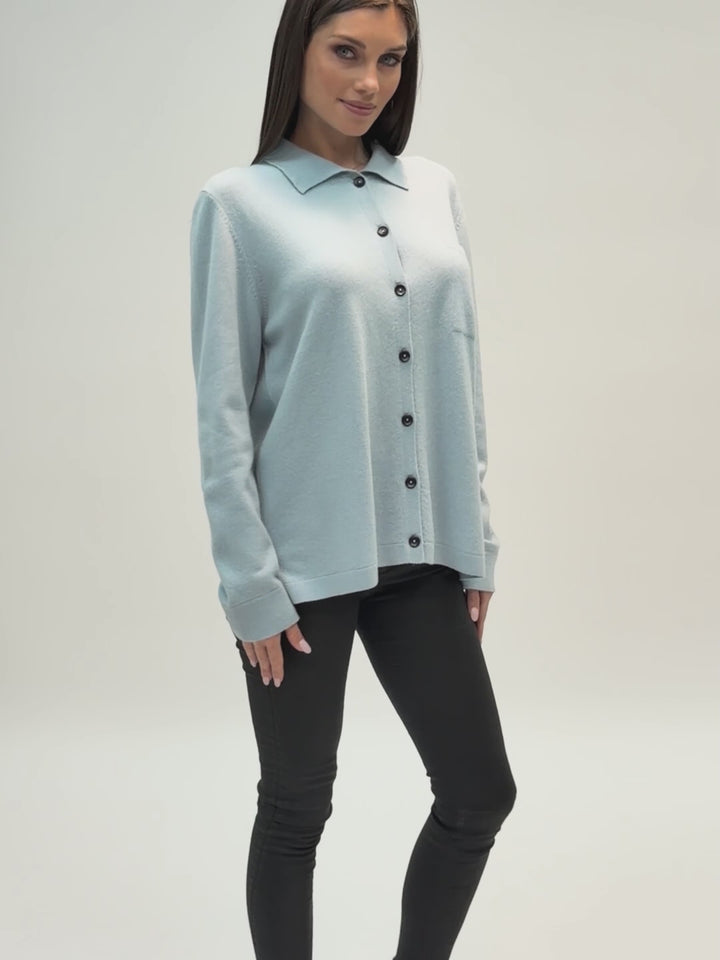Cashmere button-up shirt with patch pocket and collar #SKY
