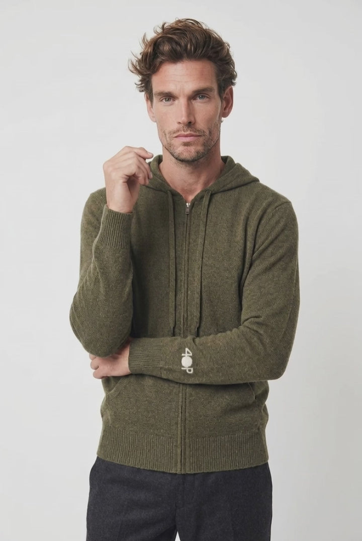 Cashmere zip-up hoodie for men with drawstrings and a kangaroo pocket #MOSS
