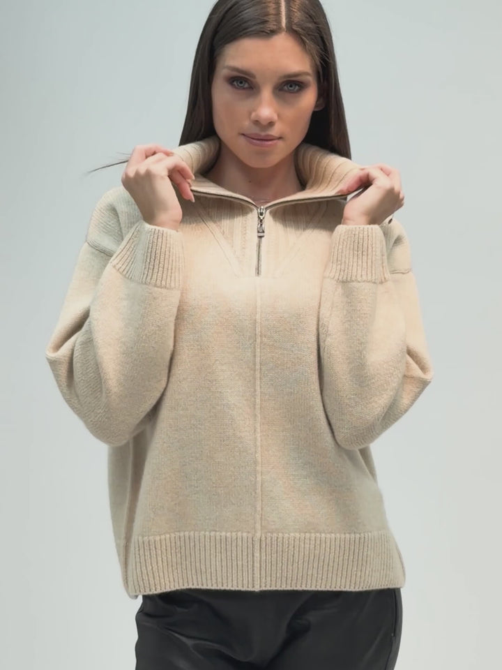 Cashmere ribbed knit half-zip sweater with a high collar #OAT