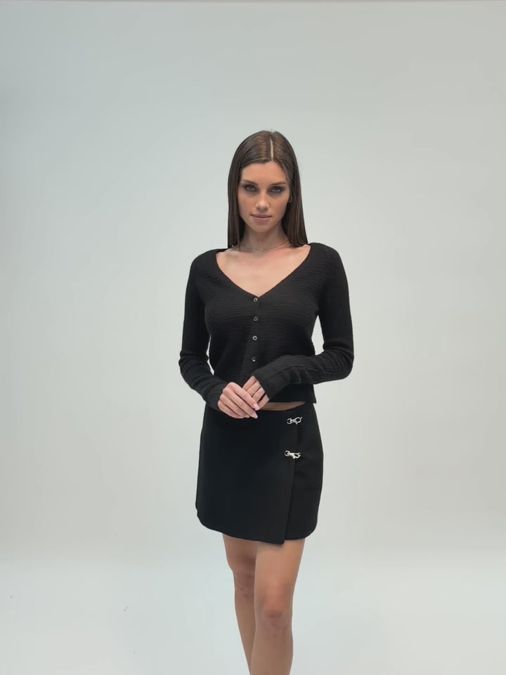 Cashmere ribbed knit cardigan with a V-neck and button front #BLACK
