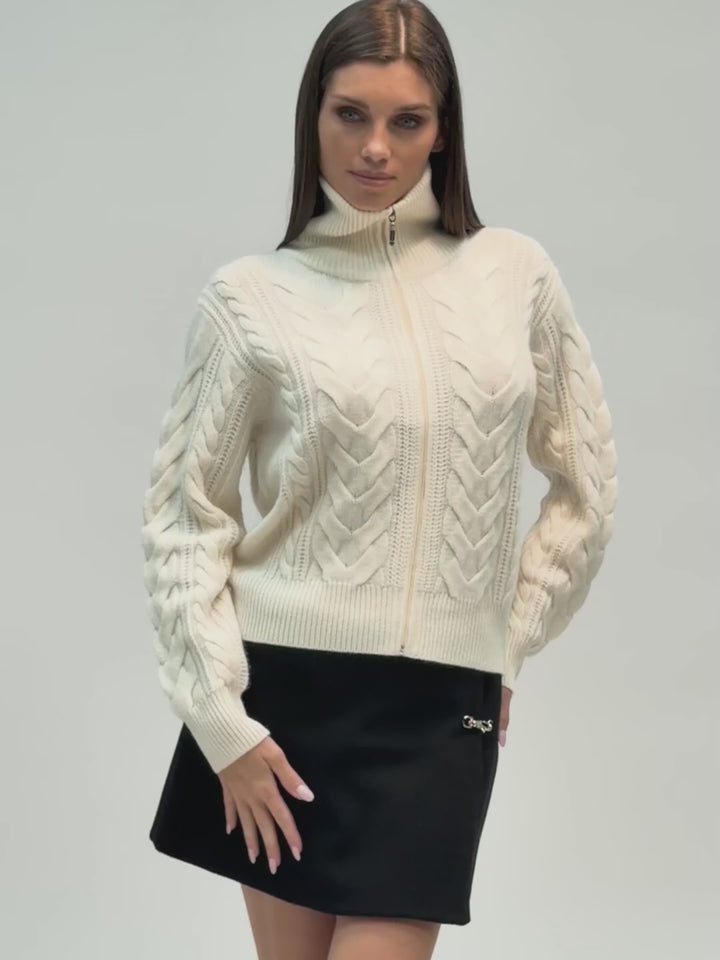 Cashmere cable-knit zip-up sweater with a mock neck collar #PEARL