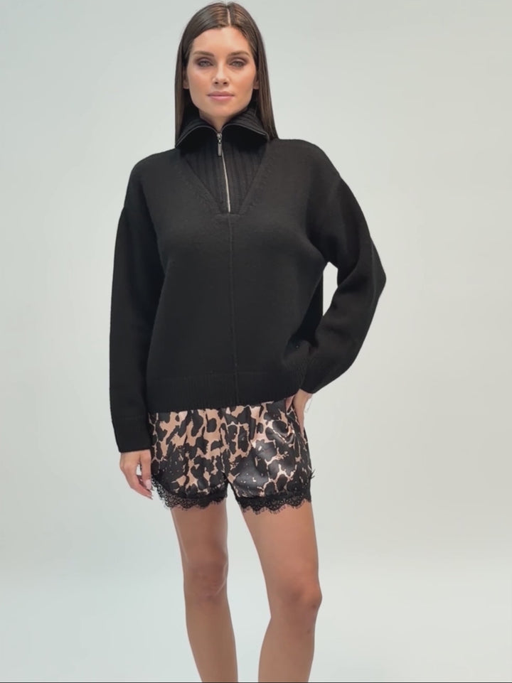 Cashmere ribbed knit half-zip sweater with a high collar #BLACK